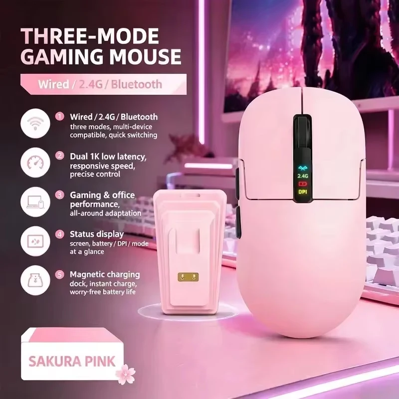 M8 E-Sports Game Mouse Tri Mode Wired 2.4G Wireless Bluetooth 6400DPI 1000hz Office Magnetic Charging Base For PC Laptop