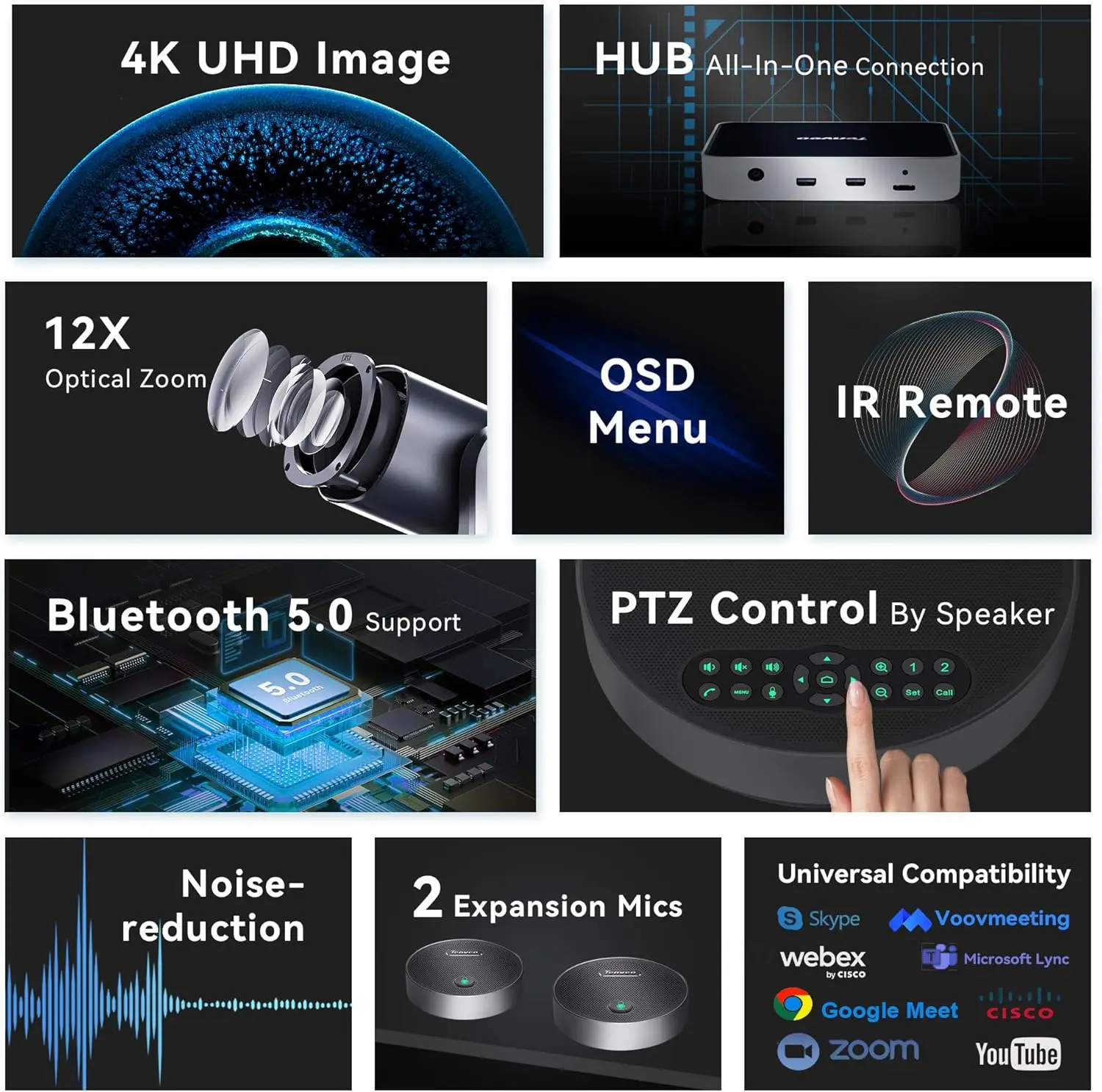 Tenveo VLGroup All-in-One 4K PTZ Conference Camera With Bluetooth Speakerphone System With 2 Expansion Mics 12X Optical Zoom