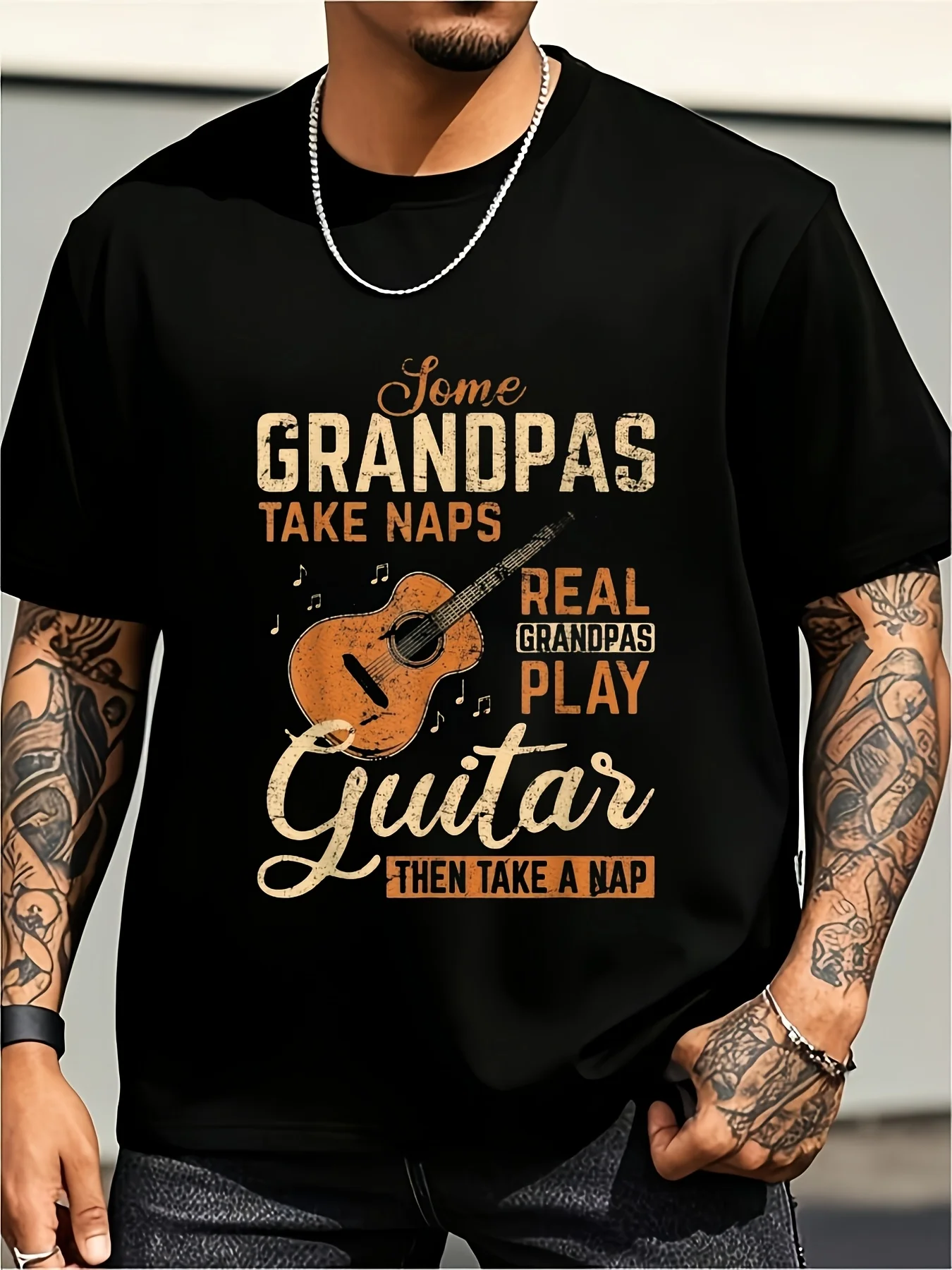 1-Piece Set of Funny Grandpa Guitar Playing Quotes T-Shirt. Real Grandpas Play Guitar and Then Take a Nap. Vintage Music-Themed T-Shirt. Soft Heavyweight Crew Neck Shirt. Perfect Gift for Dad or Grandpa on Birthday, Christmas, Valentine's Day. Large Size Vintage Casual Crew Neck Printed T-Shirt. Unisex Large Size