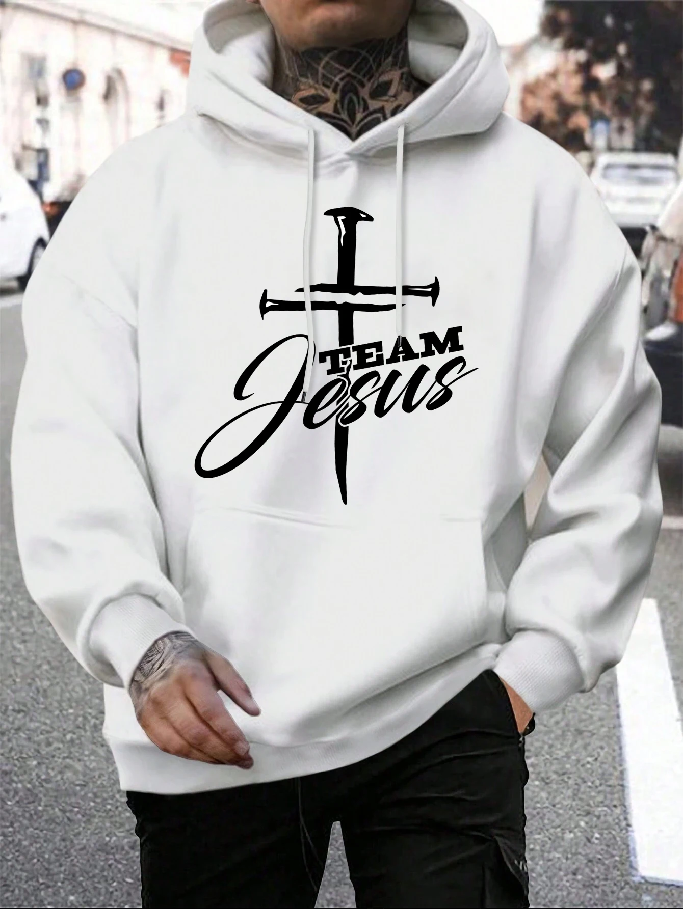 Team Jesus Letter Design Printing Men\'s Sweatshirt Fashion Warm Hooded Casual Pocket Hoodies Autumn Big Size Streetwear