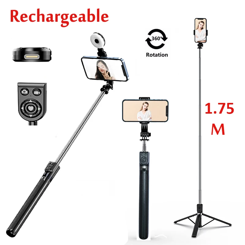 1.75M Long Extended Bluetooth Wireless Selfie Stick Live Broacast Stream Stand Holder Tripod Foldable Fill Light For Smartphones