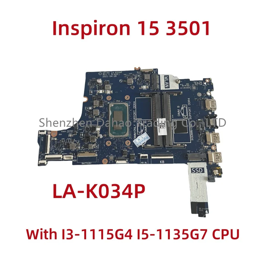 LA-K034P For Dell Inspiron 15 3501 Laptop Motherboard  CN-0PY8NM CN-0XGX0C With I3-1115G4 I5-1135G7 CPU 100%Test OK