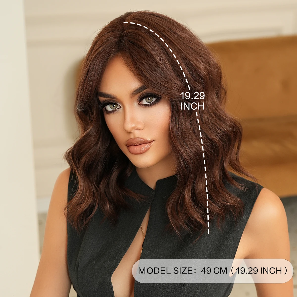 NAMM Long Wave Brown Wig Elegant Fluffy Curly Wig with Silk Synthetic Heat Resistant Fiber Hair Patch, Suitable for Women
