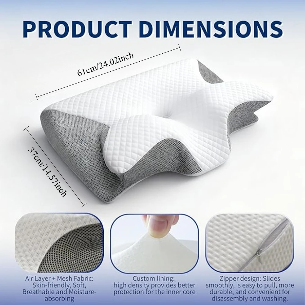 Cervical Pillow, Memory Foam Cervical Pillow, 2 in 1 Ergonomic Contour Pillow, Ergonomic Neck Support, Medium Firm