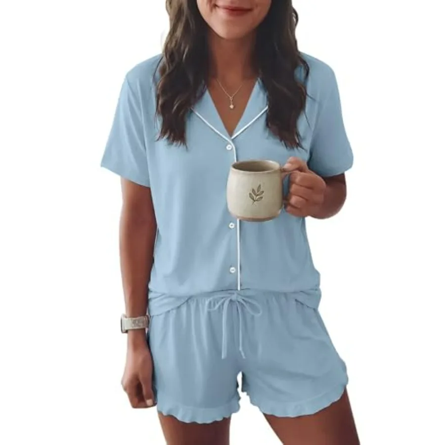 Ekouaer Womens Pajama Sets Button Down Short Sleeve Top and Shorts Cute Ruffled Pjs Sets Sleepwear