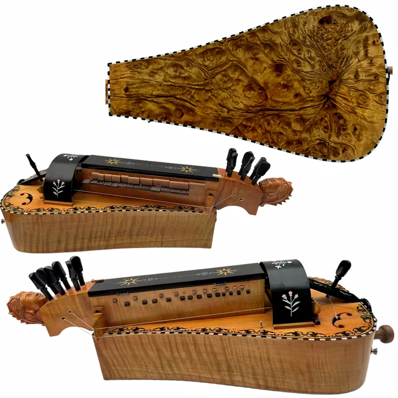 6 strings 24 keys Hurdy Gurdy bird's eye inlay shell purfling, carved woman head