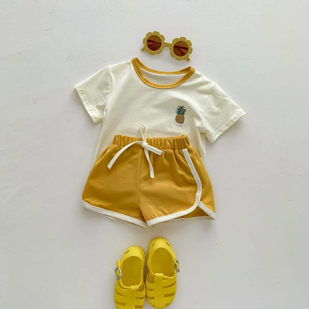 Summer 2pcs Baby Girl Clothing Suits Embroidery Short Sleeve T-shirt+Sports Shorts Casual Children Clothes Boys Girls Outfits