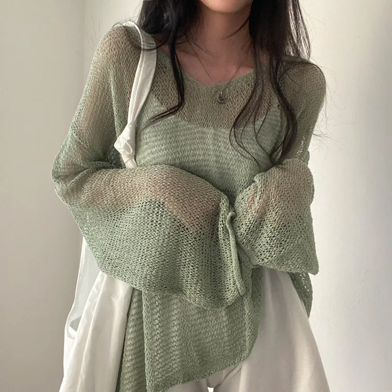 Korean Fashion Solid Color Summer French Vintage Loose Round Neck Long Sleeved Hollow Thin Style Knitting Smock All-match Tops