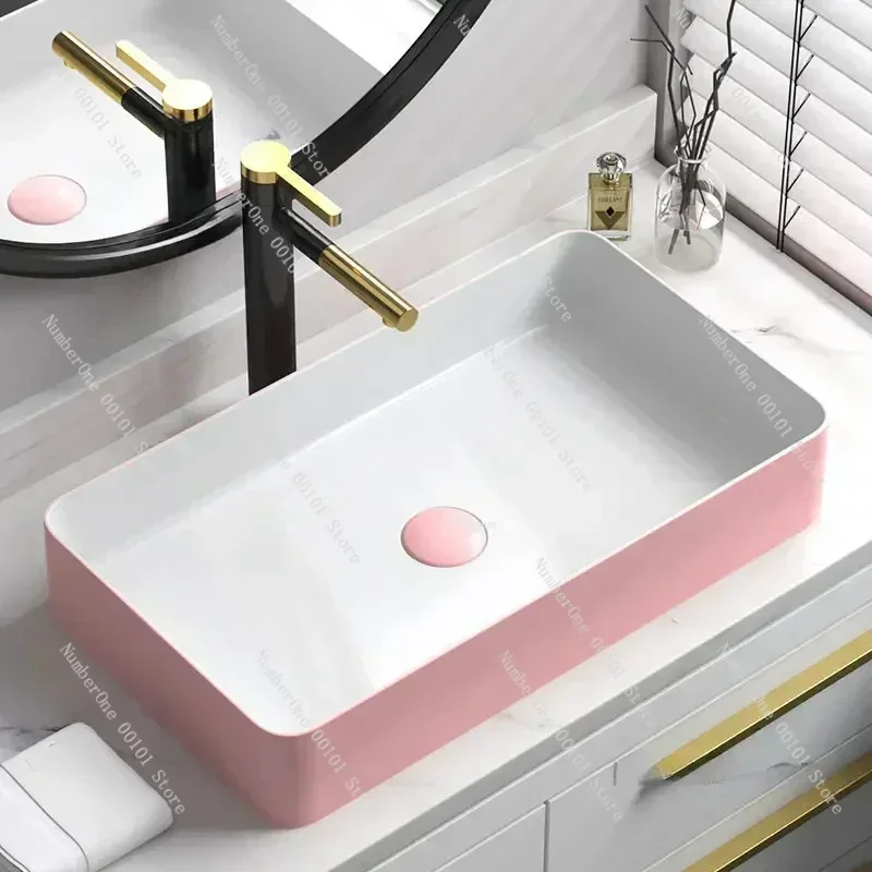 Nordic Kitchen Countertop Sink Rectangular Bathroom Sinks Pink Wash Basin Single Basin Small Size Bathroom Circular Washbasins