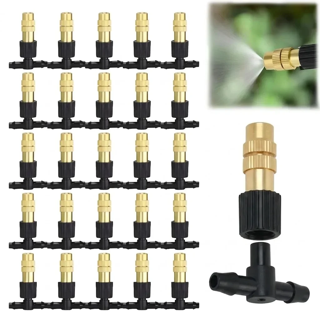Adjustable Brass Spray Nozzles 4 7mm Hose Misting Sprinkler with 1/4 Inch Tee Joint for Garden Greenhouse Lawn 10 to 100 PCS Kit