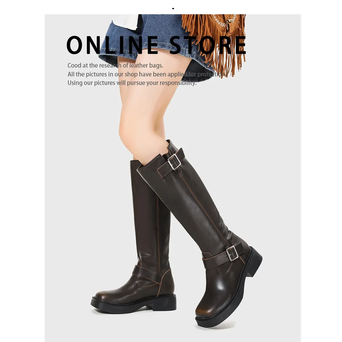 Retro Knee-High Boots Women's Minimalist Ladies Genuine Leather Comfortable Round Toe 4CM Belt Buckle Boots Women Soft Boots