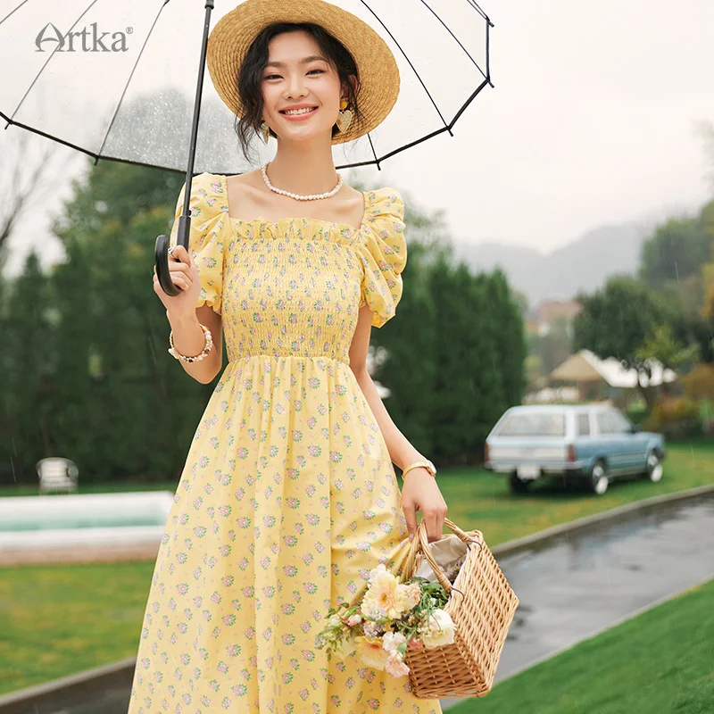 

ARTKA 2023 Summer New Women Dress French Vintage Square Collar Dresses Short Puff Sleeve A-line Long Floral Print Dress LA92230X