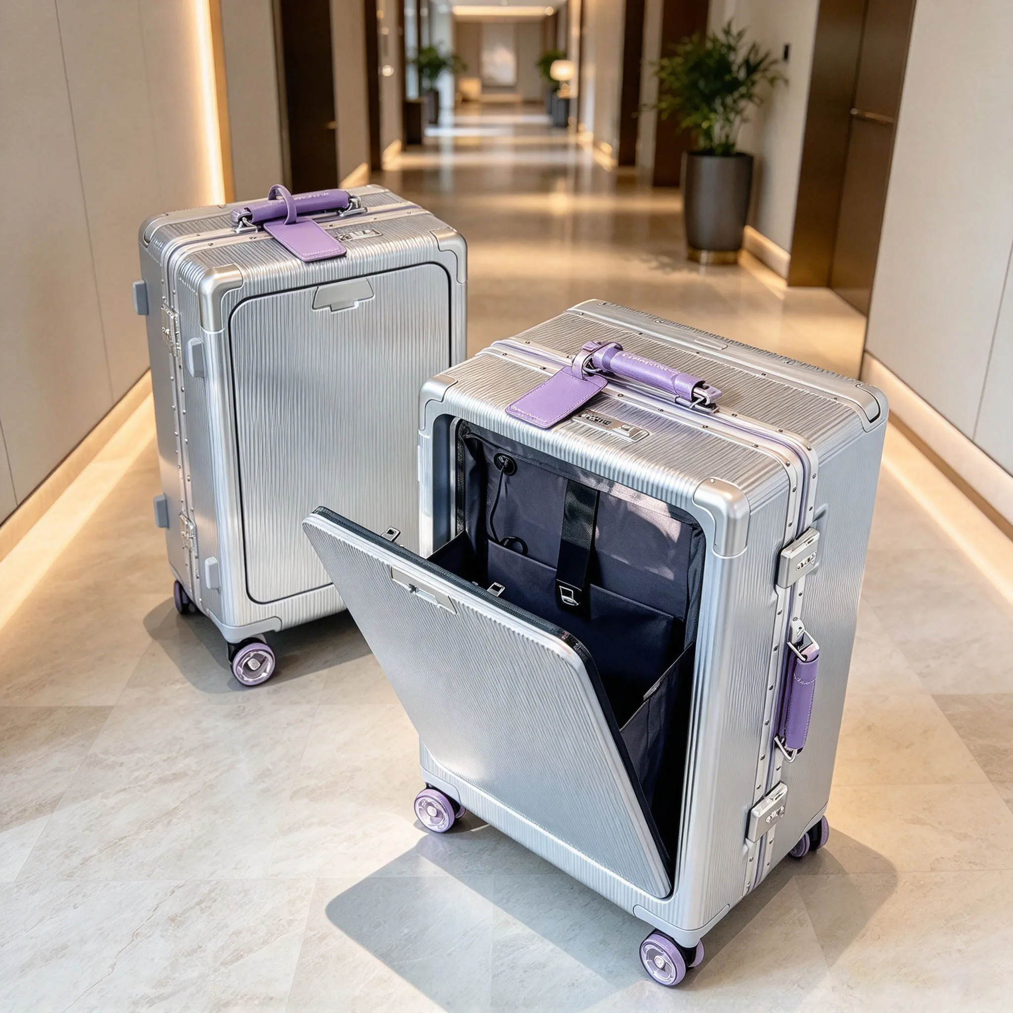 Front Opening Trolley Suitcase, Aluminum Frame Wide Handle Luggage, Equipped with Upgraded Silent Spinner Wheels, USB Charging