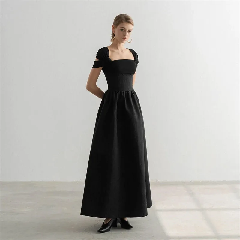 

Elegant Black Square Neck Evening Dresses A-line Pleat Ankle-Length Graduation Prom Dress Bespoke Occasion Gown Midi Dresses