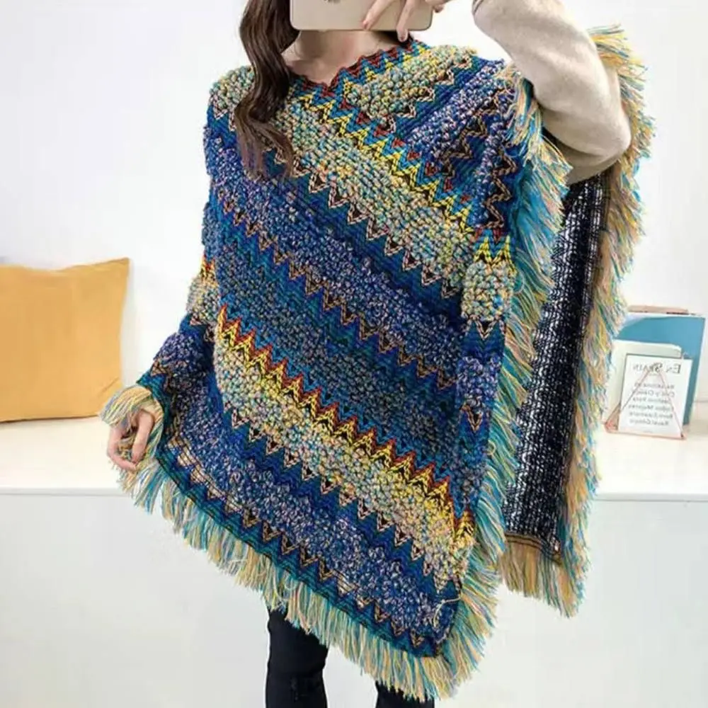 Coat Overlays Winter Warm Mongolian Poncho Ethnic Style Striped Pullover Tassel Shawl Polyester Knitted Cape Women Fashion