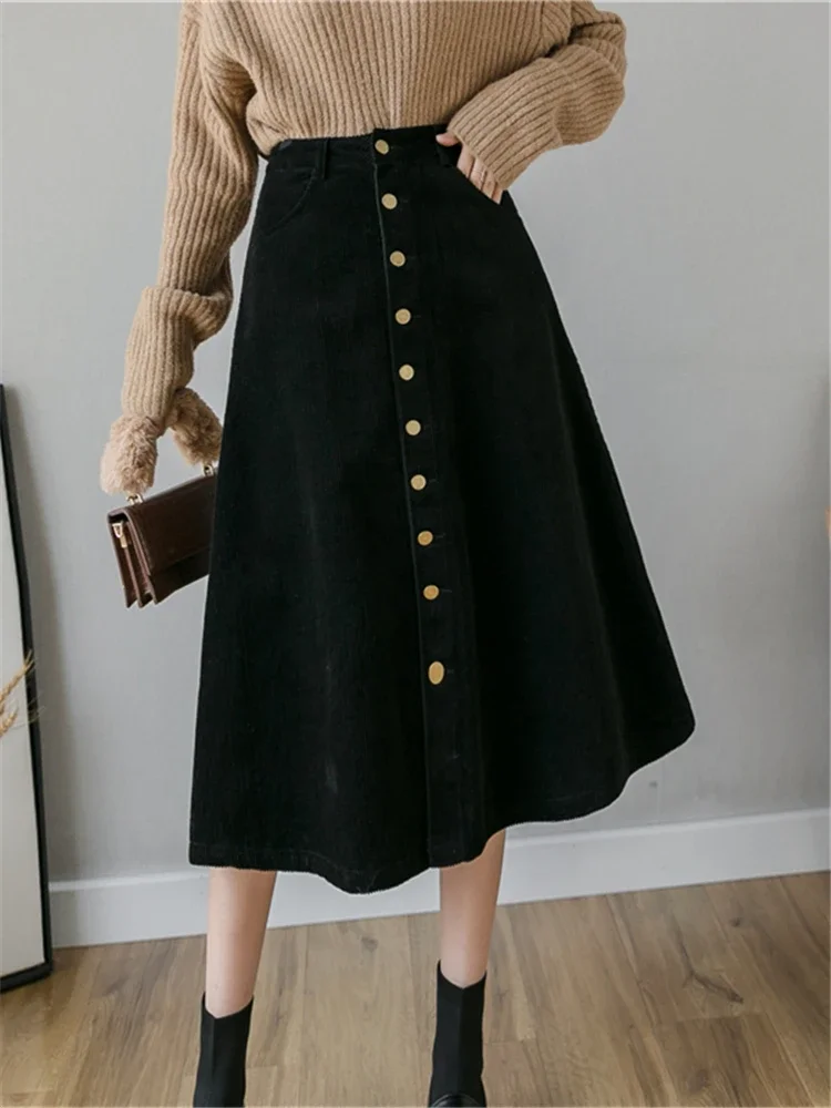 REALEFT Autumn Winter Corduroy Women A-Line Skirts 2023 New High Waist Solid Elegant Single Breasted Umbrella Midi Skirts Female