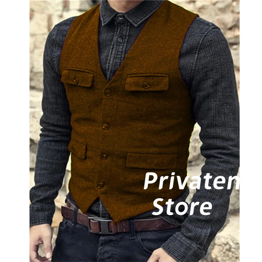 Chaleco de espiga con cuello en V y bolsillos para hombre, traje informal Retro británico de color personalizado para vestido de novia