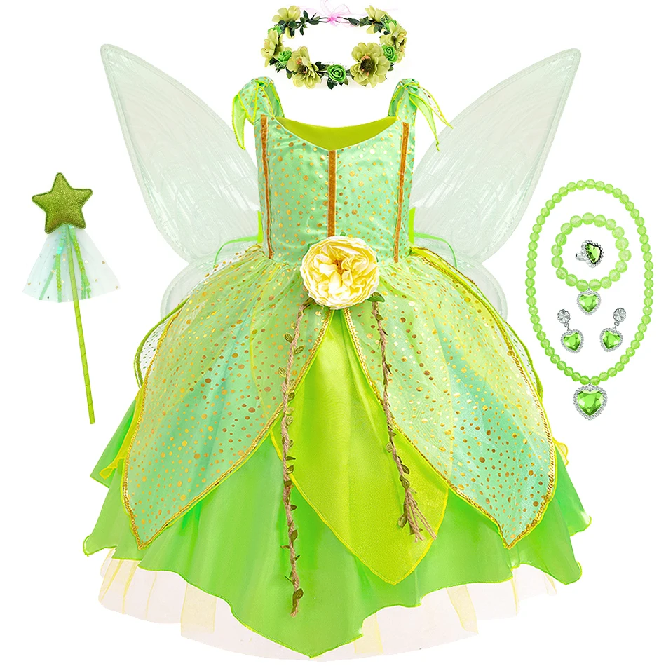 Kids Green Fairy Floral Princess Dress Girl Elf Cosplay Fantasy Frock Children Birthday Party Clothes Halloween Festival Costume