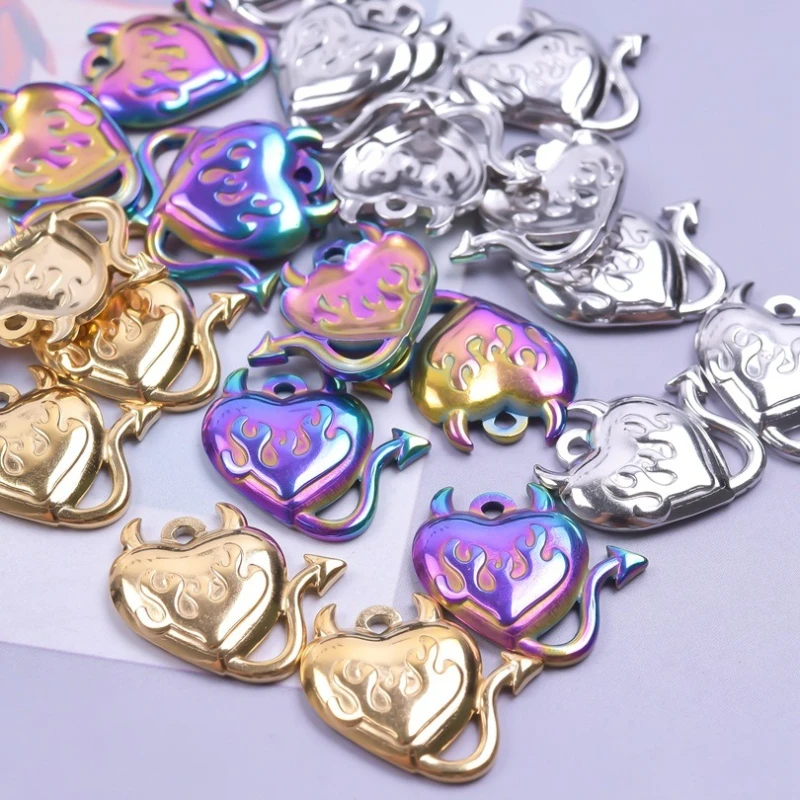 3Pcs Stainless Steel Devil Heart Pendants Gothic Horn Tail Charm Hip Hop DIY Handmade Jewelry Findings