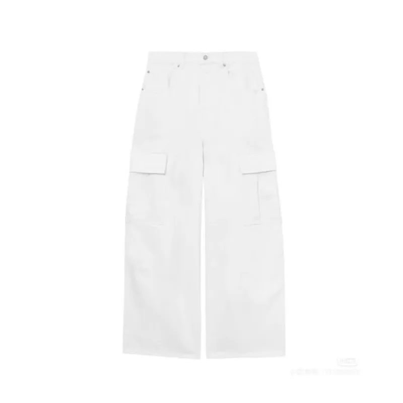 [MODX] New Product American Solid Color Large Pocket Work Pants Black And White Casual Loose Straight Leg Jeans