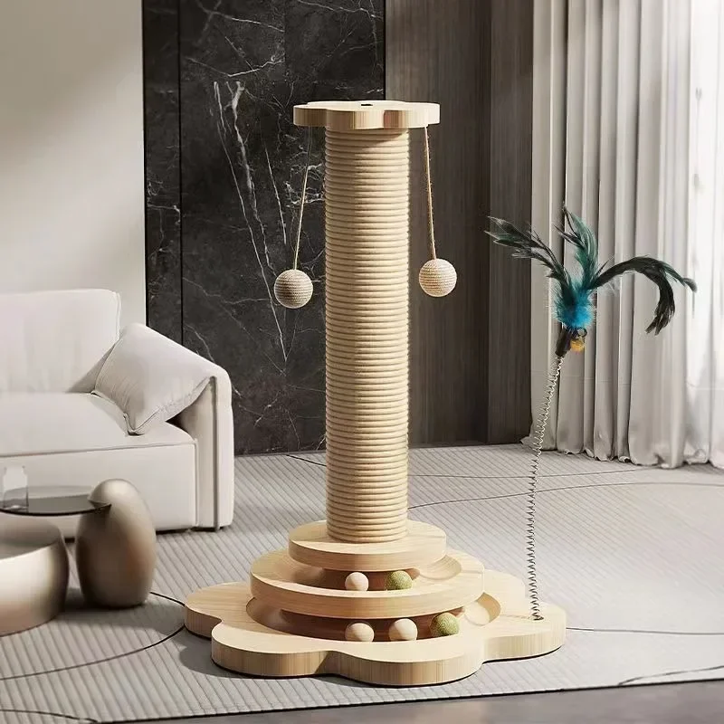 One-piece Pet Sisal Scratching Board Cat Toys Solid Wood Cat Climbing Frame Durable Cat Grab Column with Turntable Cat Toys