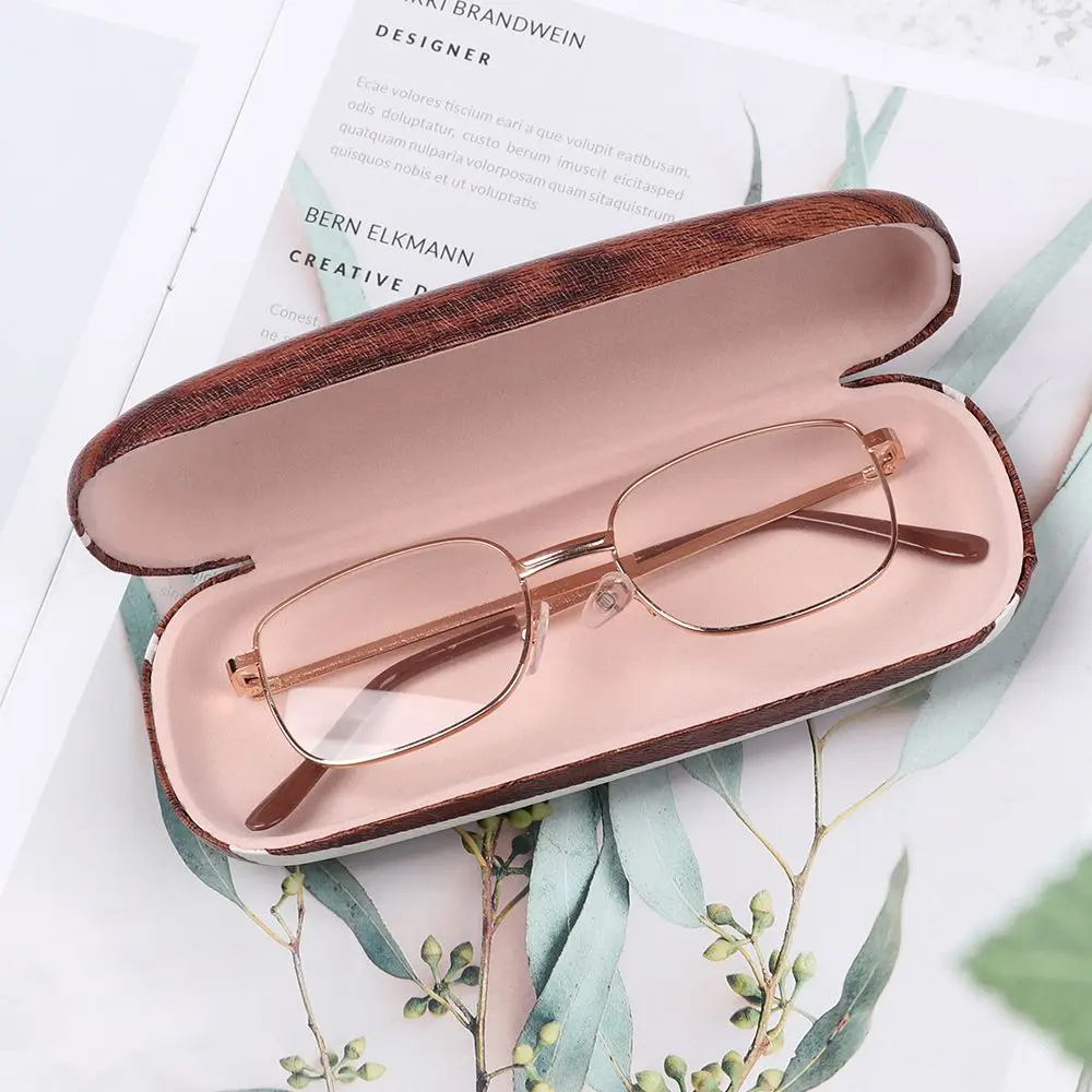 Fashion Portable Vintage Wood Grain Hard Kit Holder Reading Glasses Case for Men Women PU Leather Eyeglass Box Eyewear Protector