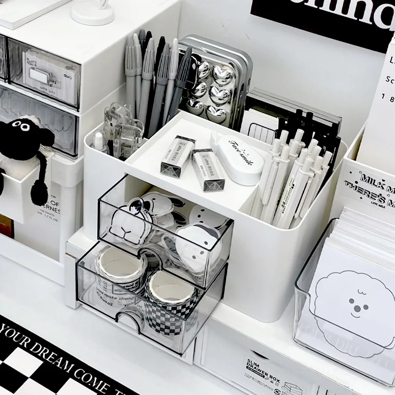 Simple Solid Color Pen Holder with 2 Drawer Large Capacity Multifunction Stationery Storage Box Student Office Desktop Organizer