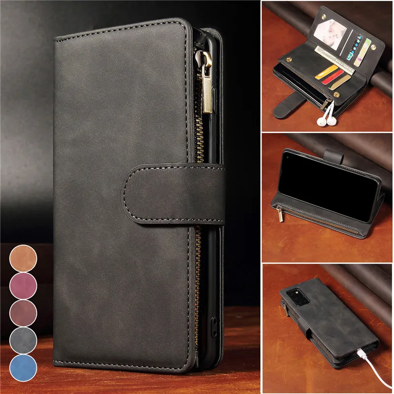 

For Samsung Galaxy S23 Ultra S22 S21 S20 FE S10 S9 Plus S8 Zipper Leather Wallet Phone Case for Note 20 10 Flip Cards Cover Etui
