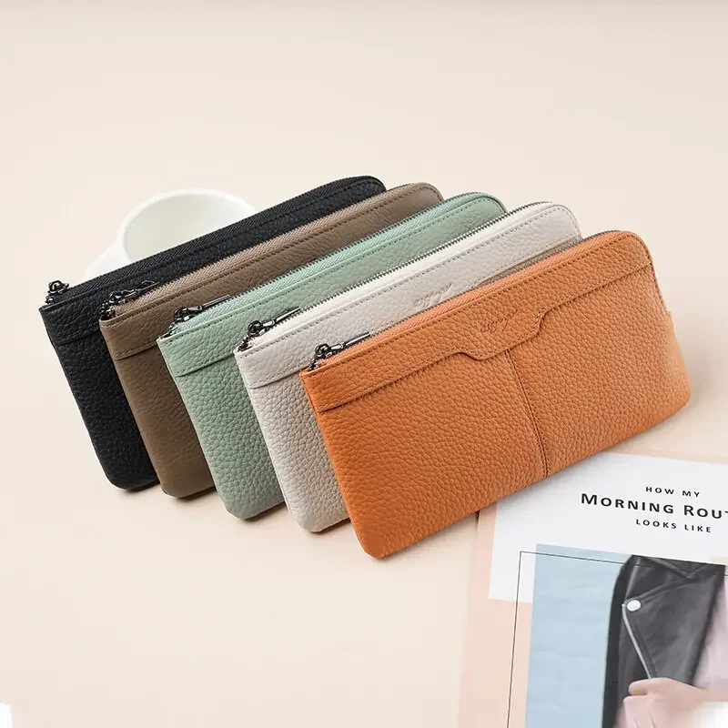 Lady Wristlets Long Wallet Cell Phone Holder Purse Real Leather Large Capacity Zipper Clutches for Men and Women with Hand Strap