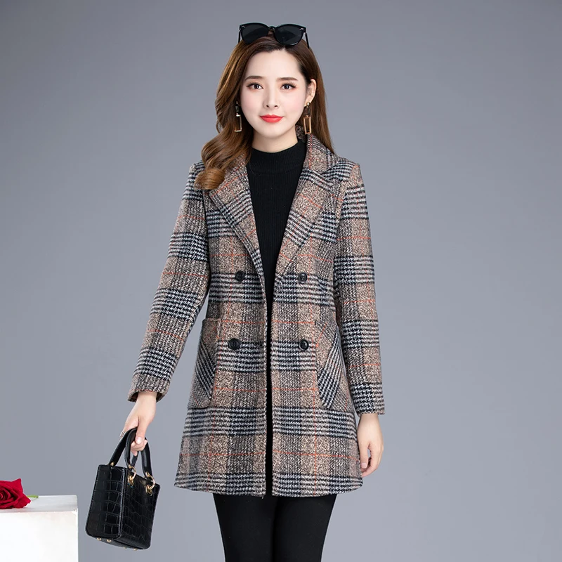 Warm Cotton-Blend Woolen Coat for Women in Autumn And Spring Stylish Plaid Mid-Length Suit Collar Jacket for Middle-Aged Ladies