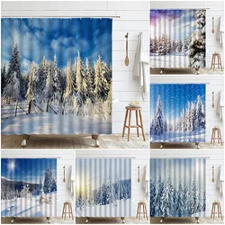 Winter Farmhouse Christmas Shower Curtain Rustic Snowy Pine Trees Foggy Forest Fabric Snowflake Nature Scene Bathroom Curtains