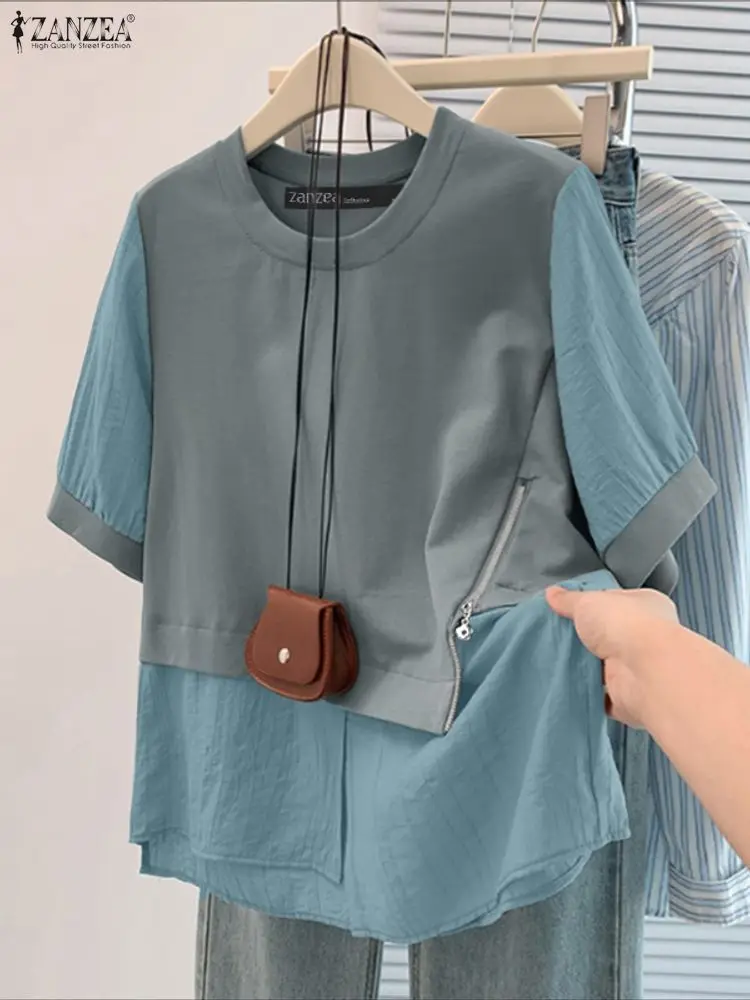 Stilvolle Sommer Bluse 2025, ZANZEA Frauen Patchwork Tops Casual O Hals Kurzarm Blusas Mode Arbeit Hemd Mujer Weibliche Chemise