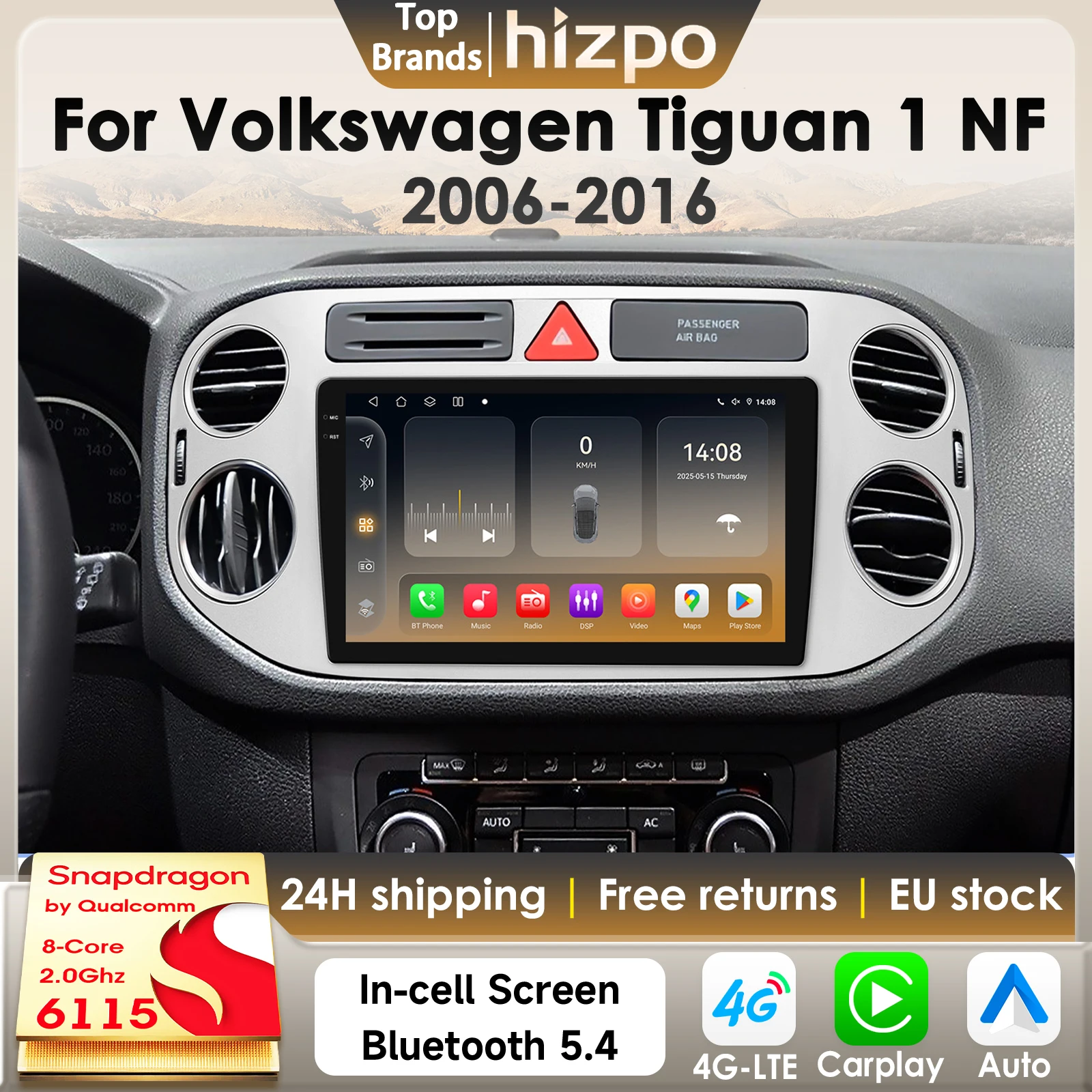 Hizpo 8G 128G 2Din Android 14 Autoradio für Volkswagen Tiguan 1 NF 2006 2008-2016 AI CarPlay GPS DSP 4G BT5.4 von Snapdragon 6115