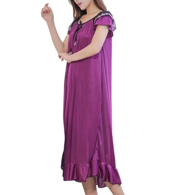 

Q22D женская плиссированная ночная рубашка из ледяного шелка, свободная одежда для сна, ночная рубашка с коротким рукавом, для