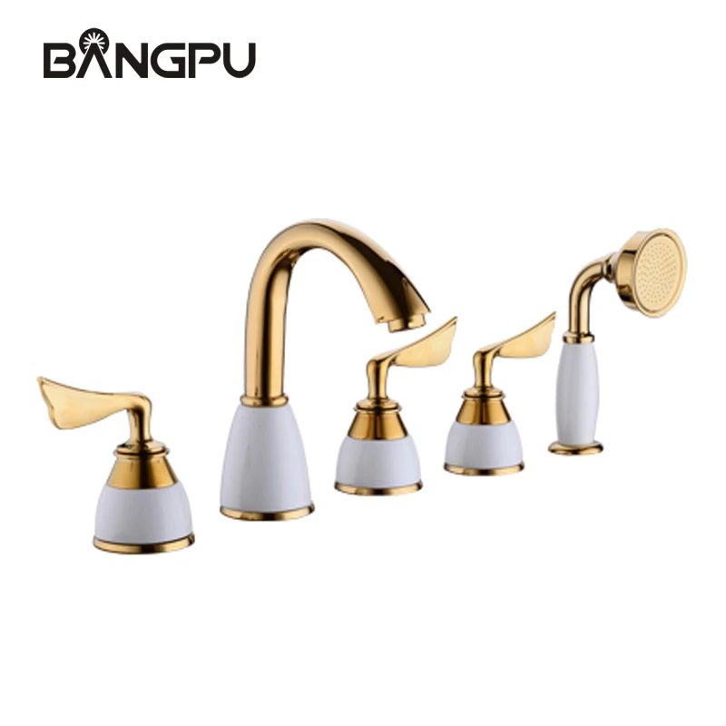

Bathroom Bath Tub Faucet with Sprayer Deck Mount Bathtub Faucet Combo Set 5 Hole Roman Tub Faucet Set with Handheld Shower Gold