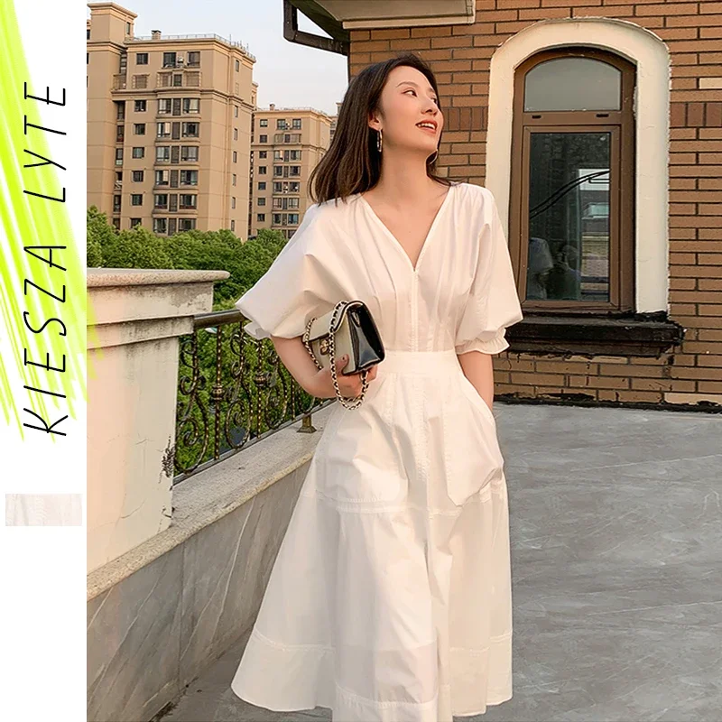 Women vintage french Style dress 2024 summer ranway hepburn style white bubble sleeve v neck A line dresses vestidos