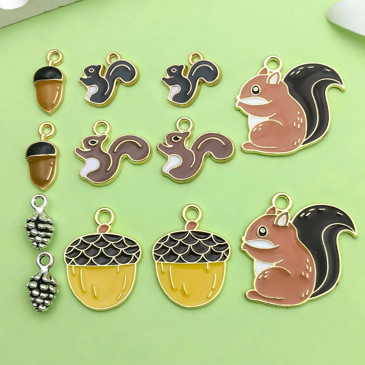 10/12pcs Enamel Squirrel Pine Cone Design Charms Alloy Animal Pendants for DIY Bracelet Necklace Jewelry Making Accessories