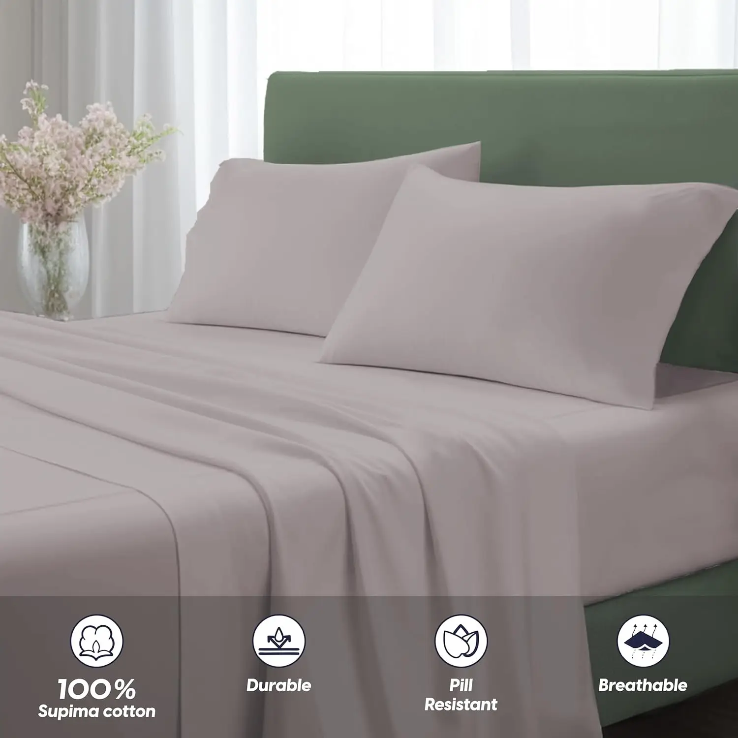 مجموعة ملاءات SGI Queen مكونة من 4 قطع باللون الرمادي الفاتح - 500 TC 100% قطن سوبيما، فائقة النعومة ومسامية، سرير بجيب عميق 15 بوصة بجودة الفندق #4