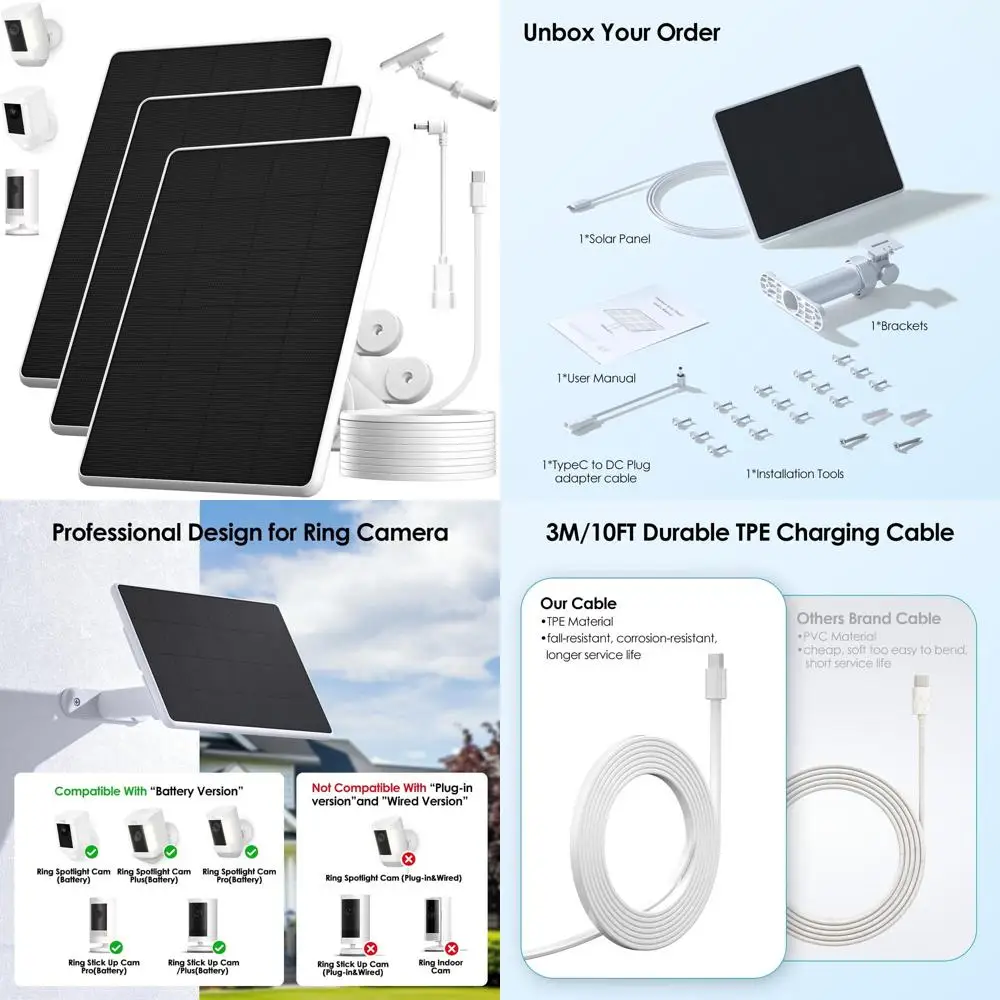 3-Pack High-Efficiency 360° Adjustable Battery-Powered Security Cameras with 10ft Cable