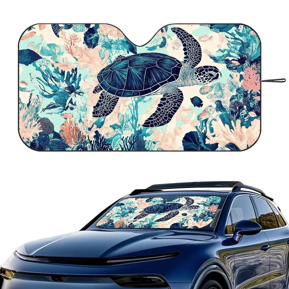Tropical Blue Turtle Pattern Car SunShade Windshield Foldable Three-layer Insulation Sunshade By Suction Cup Blocks UV Rays Sun