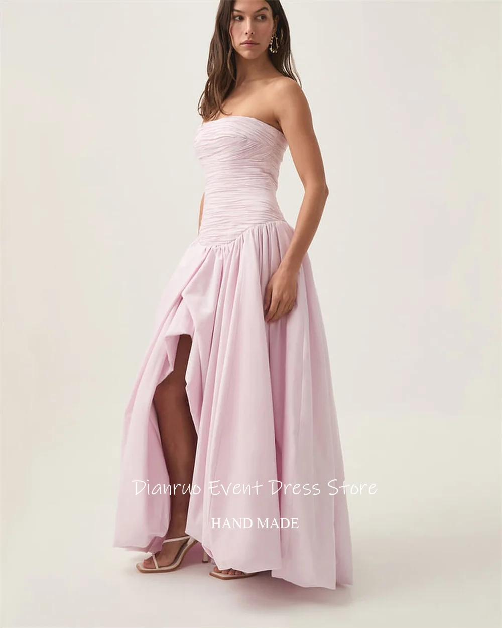 Dianruo rose clair froncé robes de soirée sans bretelles fente latérale longues robes de soirée élégantes Maxi robes de bal pour les femmes personnalisées