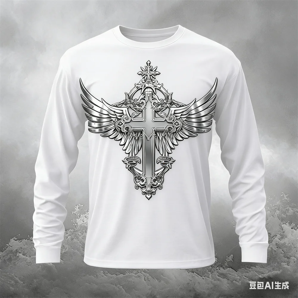 Funny Cross Wing Pattern Men's T Shirt Casual O-neck Loose Long Sleeve T-shirt Spring Autumn Comfortable Pullover Fashion Tops