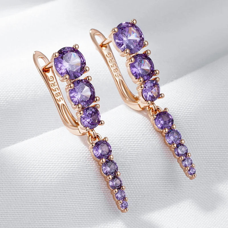Kinel Hot Shiny Purple Natural Zircon Drop Earrings For Women Trend 585 Rose Gold Color Bride Wedding Fine Jewelry Crystal Gift