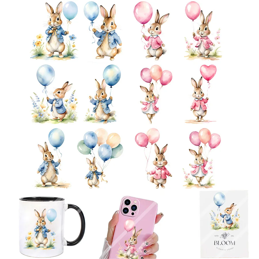 2pcs Spring Easter Bunny Rabbit Balloons DIY UV DTF Rub On Glass Cup Wrap Transfer Sticker Crafts Mug Bottles Greeting Cards