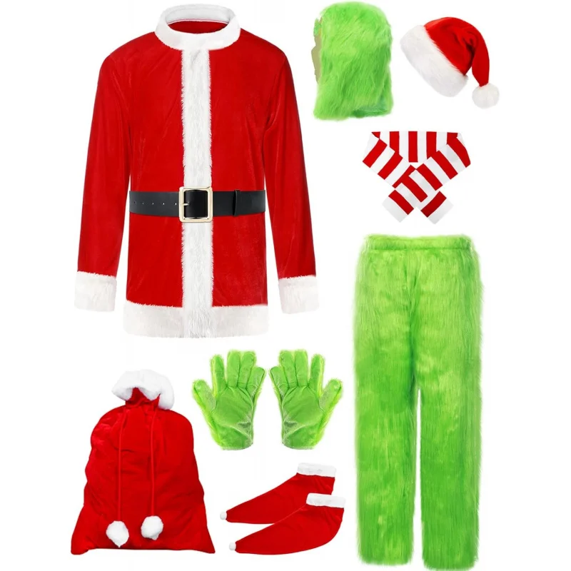 

❤️❤️❤️Christmas Green Big Monster Costume for Men, 11PCS Deluxe Furry Santa Claus Costume Suit with Mask❤️⭐️❤️
