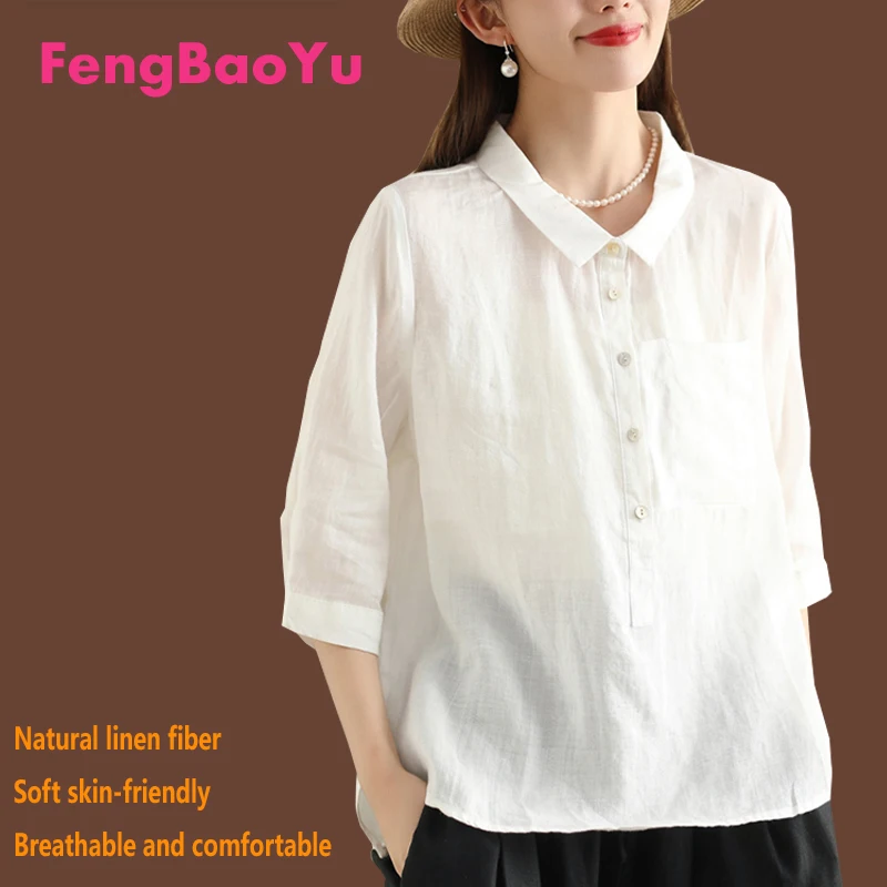 

100% Natural Pure Linen Women's Shirt, Pink Short-sleeved Lapel Top, Outdoor Casual High-end Wear Breathable Sweat-absorbent