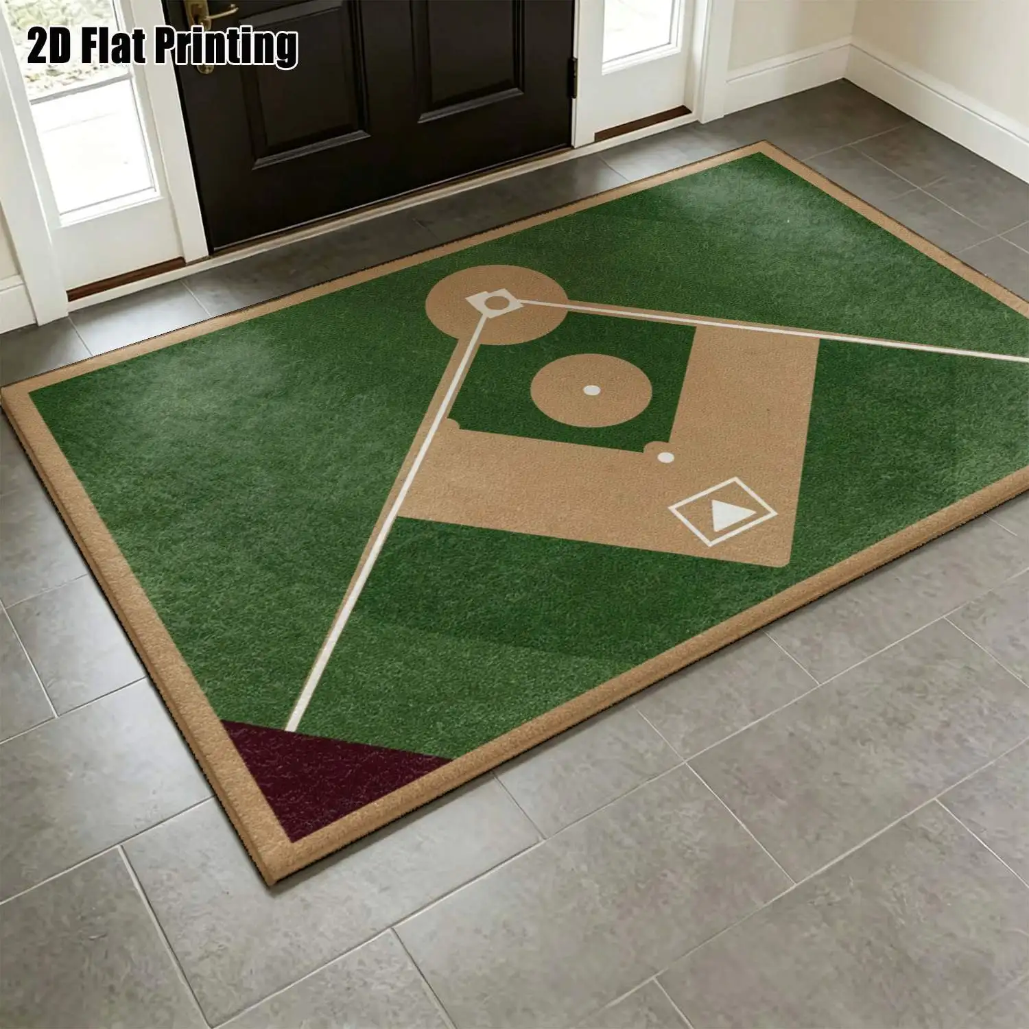 1Pc 2D Printed Carpet with Green-Brown Baseball Field Pattern Modern Simple European-Style Geometric Stripe Carpet, Machine Washable, Available in Multiple Sizes, Ideal for Home Decor in Living Room, Bedroom, Dining Room, Entryway, Study.
