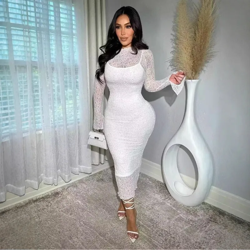 KEXU Moda Donna Nuovo Slim Sheer Lace Manica lunga Maxi abito Vedere attraverso Cover Up Bretelle Abiti aderenti sexy