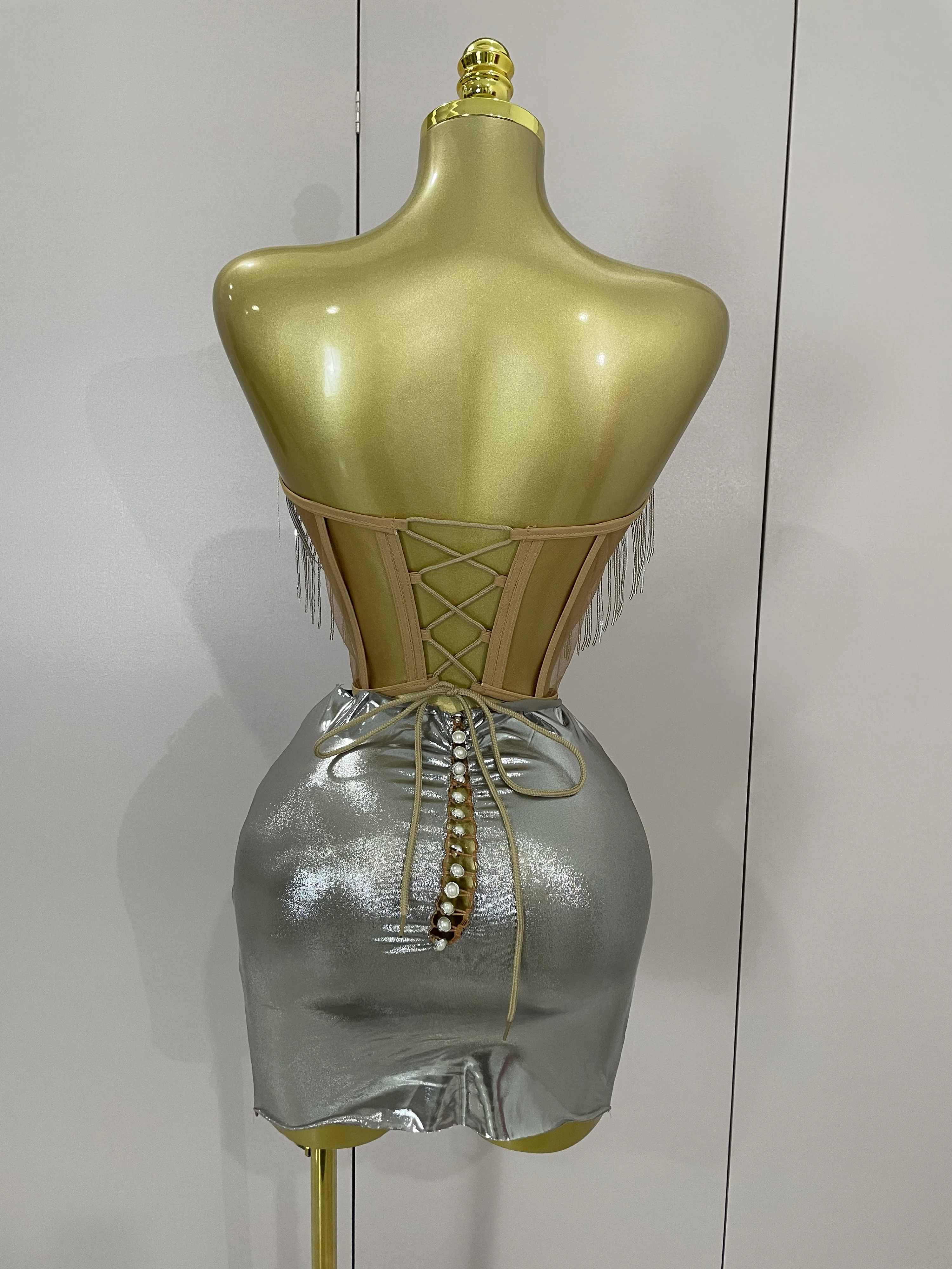 Women Sparkly Rhinstones Tassels Strapless Top Skirt Two-piec Set Sexy Designer Nightclub Evening Birthday Party Stage Outfit