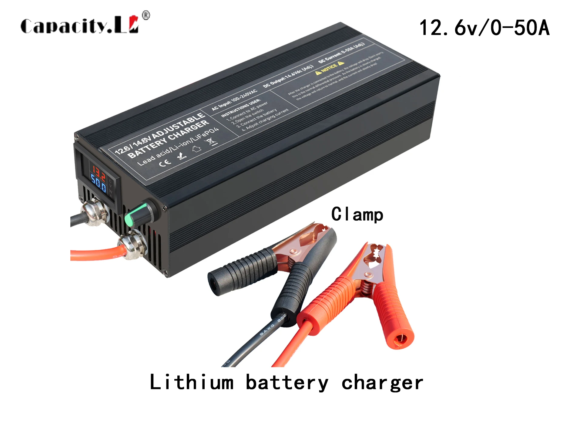 Capacity Li outdoor lithium battery charger, 12V LifePo4 charger, 14.6V, 12.6V, 50A fast charging 100-240V solar charging device